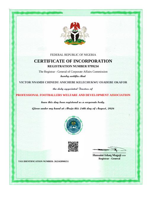 PFWADA Certificate of Incorporation issued by the Corporate Affairs Commission of Nigeria